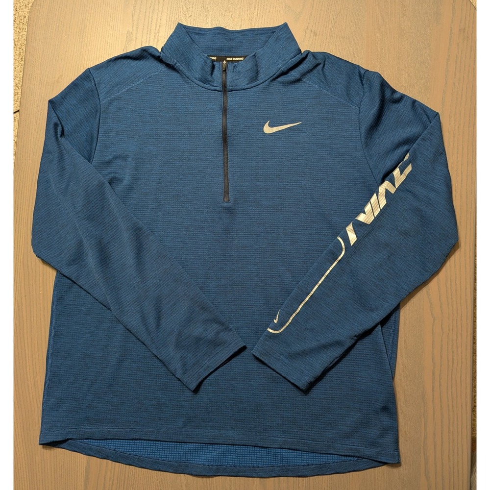 Nike Running Mens to XL Quarter Zip Pullover Blue Heathered Reflective Swoosh